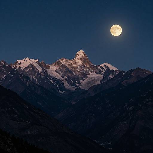 Photograph of a snowy mountain peak under a clear, dark blue night sky with a bright full moon illuminating the snow.