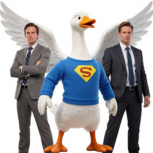 Photograph of two men in suits standing beside a white duck with yellow beak, wearing a blue Superman sweater with yellow 