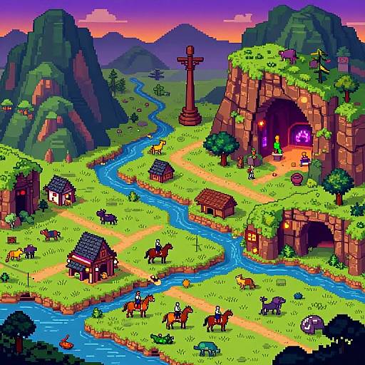 Pixel art of a vibrant fantasy village with mountains, rivers, and a cave with a glowing interior, featuring houses, horses, and a large cross on