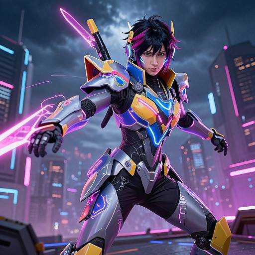 Cyberpunk-style digital artwork of a female warrior with black hair, neon armor, wielding a glowing pink sword in a futuristic cityscape.