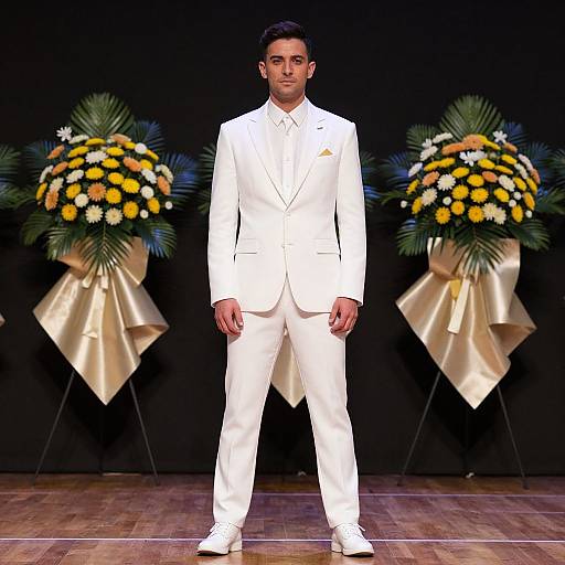 Man in Costume by Stage with Flowers