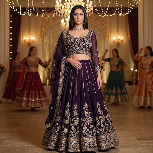 Photograph of a beautiful woman with long black hair wearing an elegant black and gold embroidered traditional Indian outfit, standing in a luxurious, chandelier-lit
