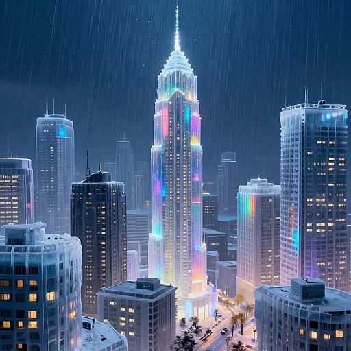 Photograph of a rainy cityscape at night, featuring a brightly lit, rainbow-colored skyscraper amidst illuminated, rain-soaked buildings.