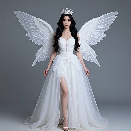 Photograph of a fair-skinned woman with long black hair, wearing a white, flowing gown, white wings, and a silver crown, standing against