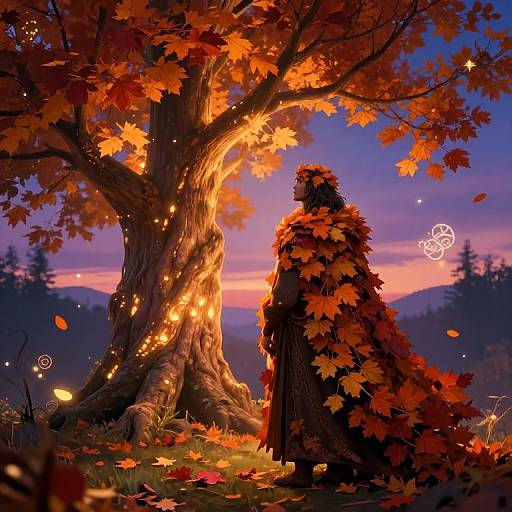 Digital fantasy artwork: A cloaked figure with autumn leaves stands before a glowing, enchanted tree at sunset, surrounded by floating lights.