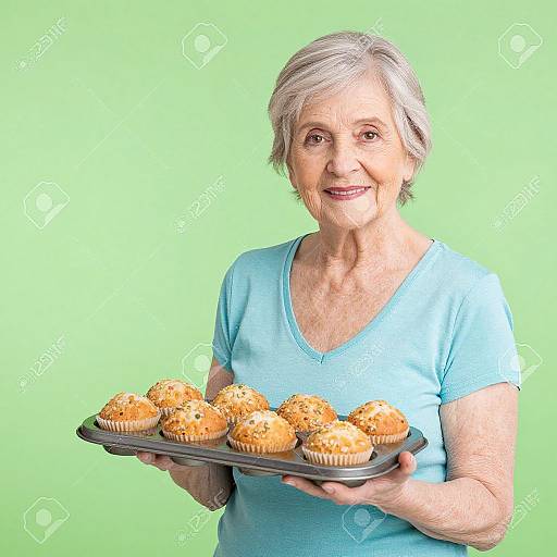 Photograph of an elderly white woman with short gray hair, wearing a light blue shirt, smiling while holding a tray of golden-brown muffins against