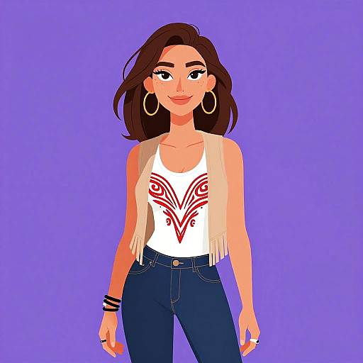 Digital illustration of a smiling woman with brown hair, wearing a white tank top with red tribal design, fringe vest, blue jeans, and large hoop earrings