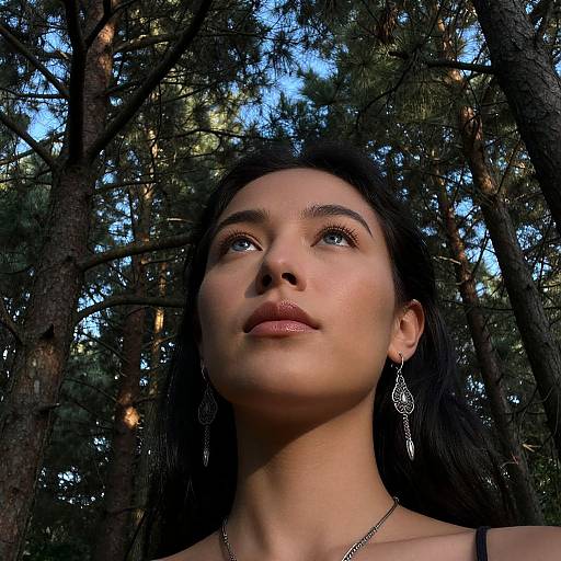 Photograph of a young woman with light brown skin, dark hair, and blue eyes, wearing dangling earrings, looking upward in a forest. Sunlight