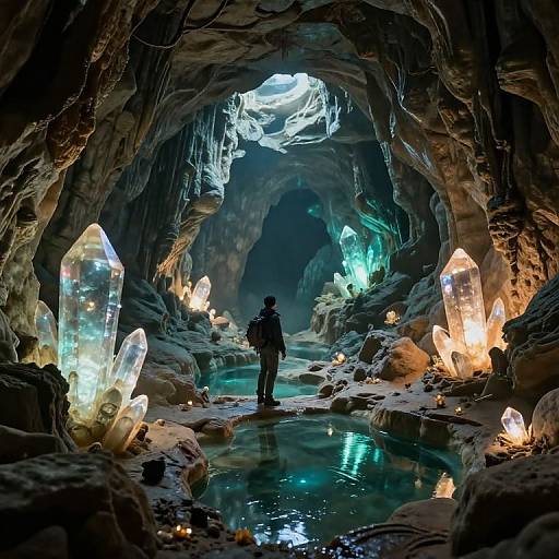 Photograph of a mystical cave with glowing, translucent crystals, illuminated by ethereal light, a lone figure stands in a reflective pool, surrounded by rugged