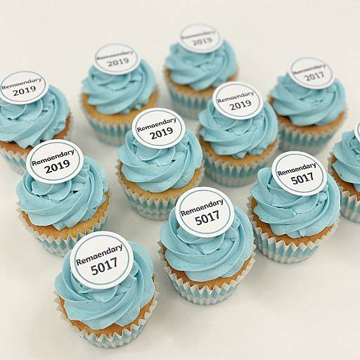 Photograph of nine blue-frosted cupcakes with white circular toppers, each labeled with different anniversary years, arranged on a white surface.