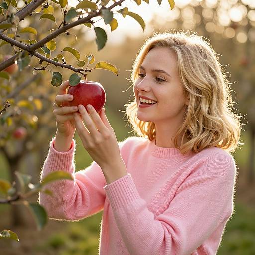 Blonde woman with wavy hair, wearing a pink sweater, smiles while holding a red apple from a tree in a sunlit orchard. Photograph
