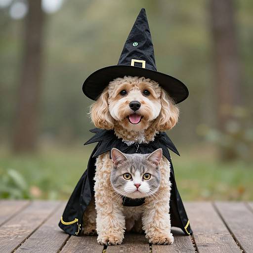 Photograph of a curly-haired dog and grey tabby cat wearing black witch hats and capes, sitting on a wooden deck in a forest.