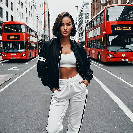 Stylish Woman in Urban Street with Red Double-Decker Buses