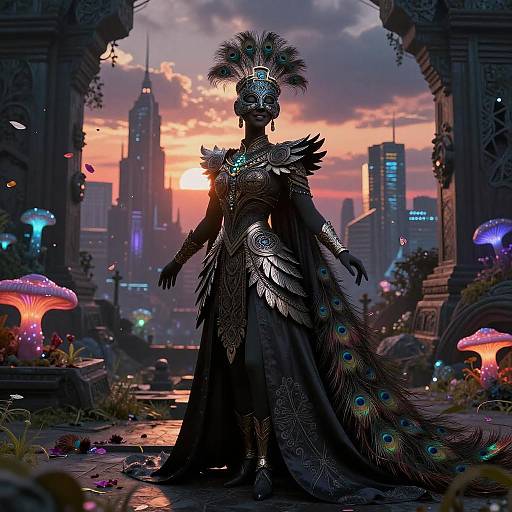 Ebony Peacock Warrior at Futuristic Sunset