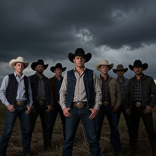 Photograph of six rugged cowboy men in hats and vests, standing under a stormy sky, each with large, ornate belt buckles.