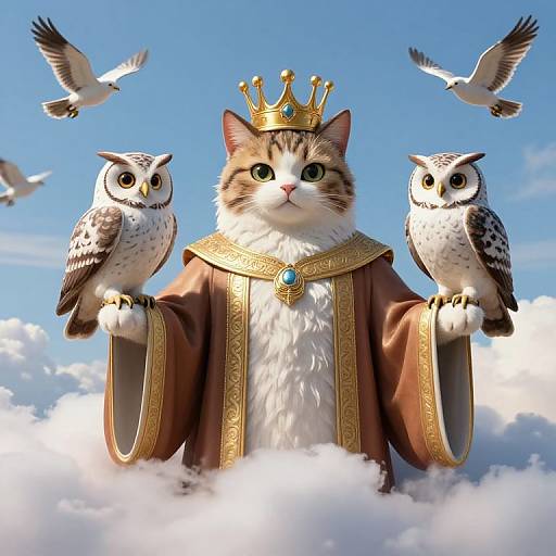 Majestic Feline Emperor with Judicial Owls