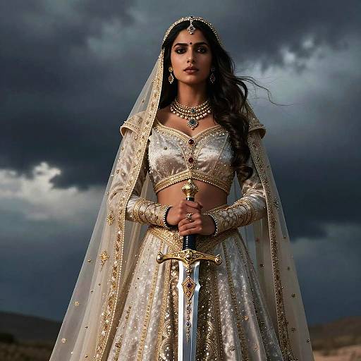 Photograph of a South Asian woman in ornate, gold-embroidered traditional attire holding a sword, with a dramatic cloudy sky background.