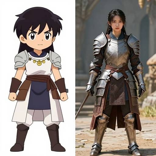 Side-by-side comparison: Chibi anime character with black hair, white and blue outfit, and determined expression, next to live-action woman in detailed medieval