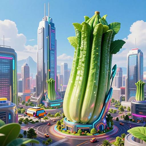 CGI cityscape featuring a massive, green, leafy vegetable skyscraper in the center, surrounded by futuristic neon-lit buildings and busy streets.