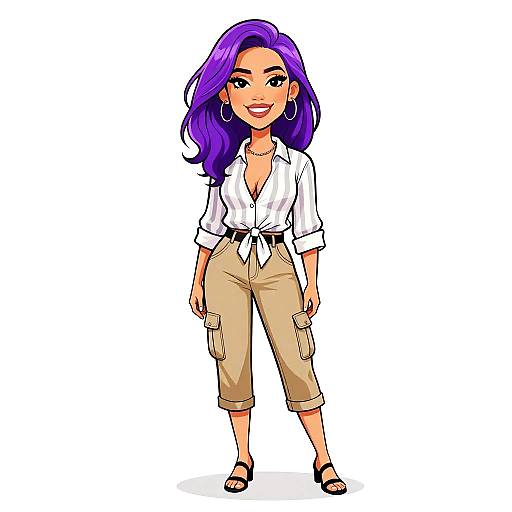 Digital illustration of a smiling woman with purple hair, wearing a white tied blouse, beige cargo pants, black sandals, and hoop earrings. White background.