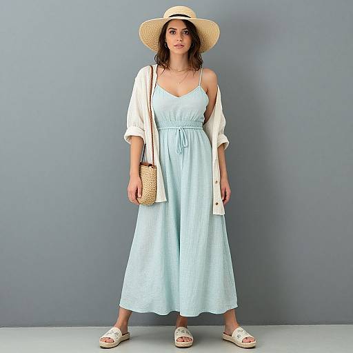 Photograph of a young woman in a light blue sundress, beige wide-brim hat, white cardigan, and sandals, standing against a gray