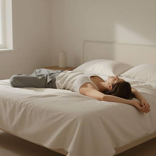 Photograph of a woman with light skin and brown hair, lying face-up on a sunlit white bed, wearing a white tank top and gray pants