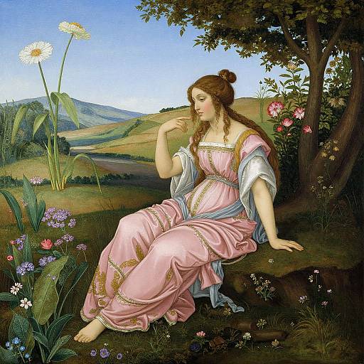 Pre-Raphaelite painting of a fair-skinned woman with brown hair, pink gown, and gold accents, sitting on a grassy hill, smelling