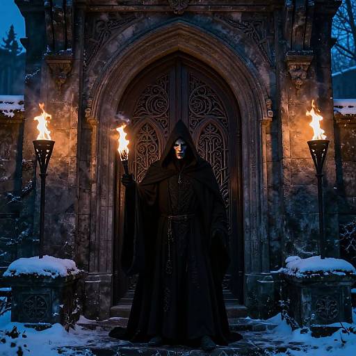 Photograph of a hooded, dark-robed figure with glowing eyes standing before an ornate, firelit stone archway in a snowy, nighttime