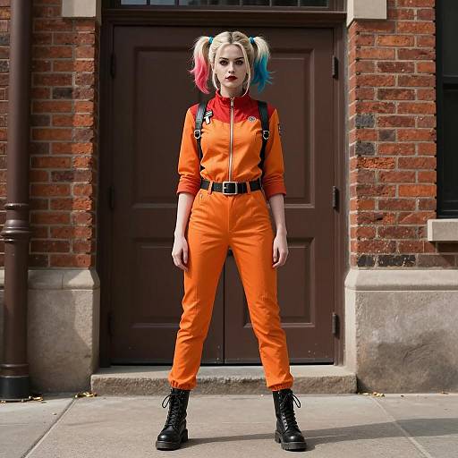 Woman in Orange Jumpsuit with Pigtails Standing Urban