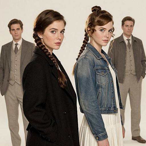 Photograph of two women with braided hair, one in black coat, the other in denim jacket and white dress, flanked by two men in