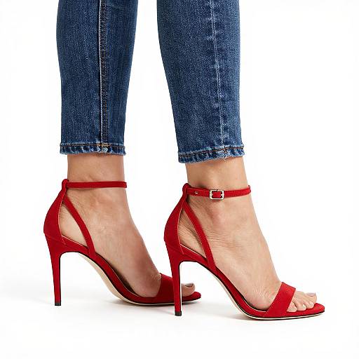 Stylish Red Heels on Denim Legs