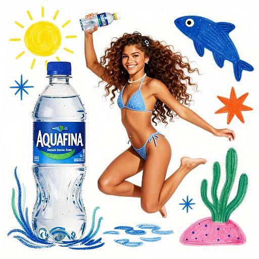 Colorful digital illustration of a curly-haired woman in a blue bikini, jumping with a water bottle, surrounded by ocean-themed objects: sun, fish,