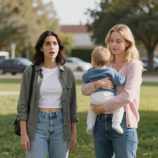 Two Women in Park with Baby
