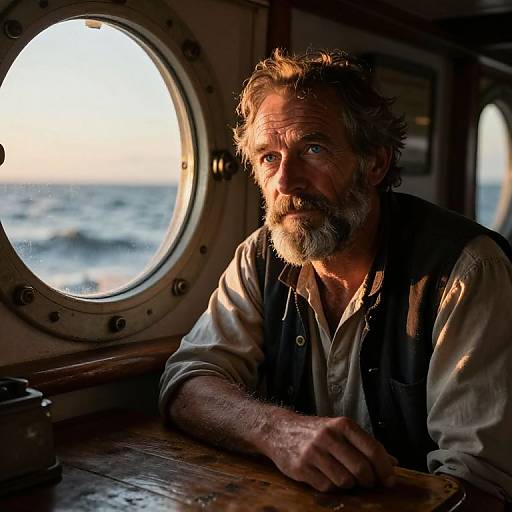 Photograph of a rugged, middle-aged man with a beard, wearing a white shirt and black vest, sitting at a wooden ship's cabin table,