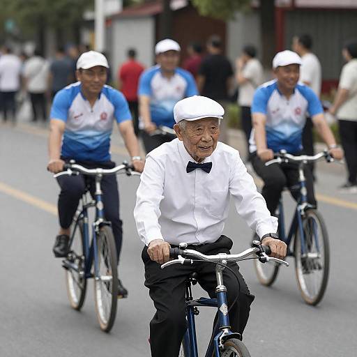 Elderly Men Cycling in Vibrant Parade