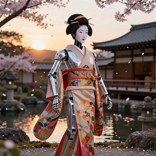 Photograph of a robotic geisha in a colorful floral kimono, standing in a traditional Japanese garden at sunset, with cherry blossoms and a pond