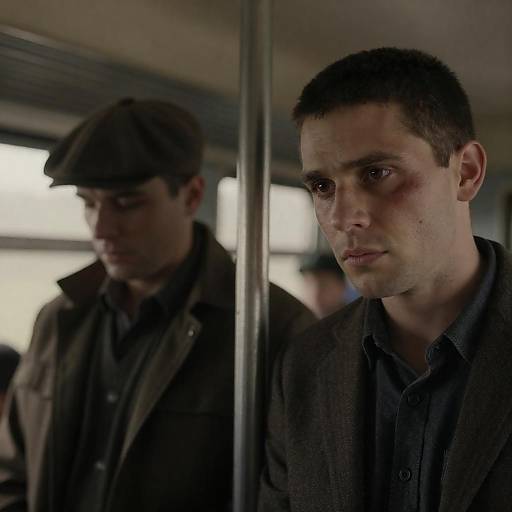Two Men on Train with Serious Expressions