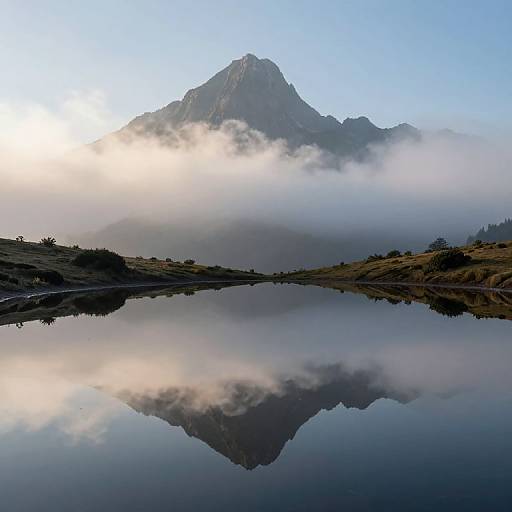Photograph of a mist-covered mountain reflected in a calm, mirror-like lake with clear blue sky, showcasing nature's serene beauty.