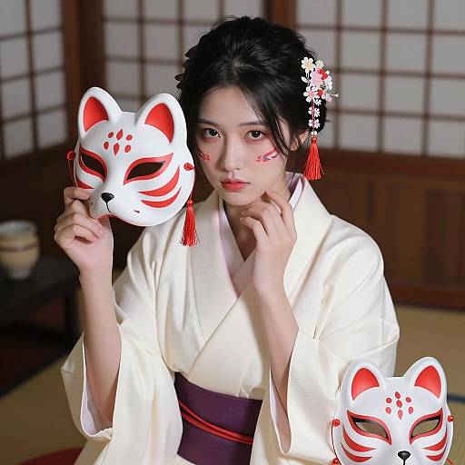 Woman in White Kimono Holding Fox Mask