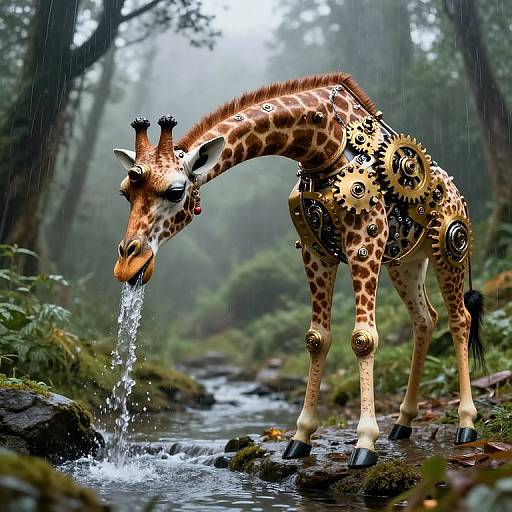Fantasy photograph of a giraffe with steampunk gears and mechanisms, drinking from a forest stream in misty, rain-soaked woods.