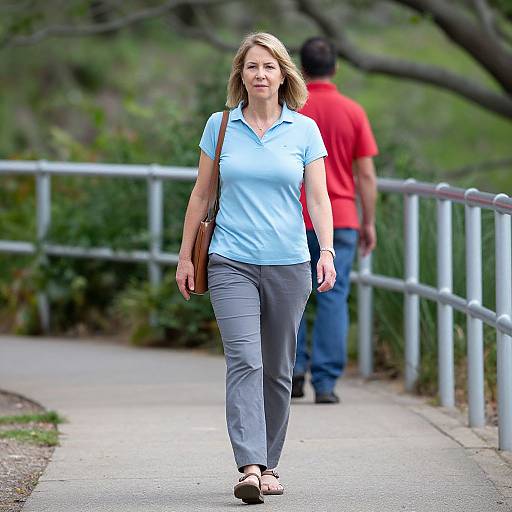 Photograph of a blonde woman in a light blue polo and gray pants walking on a park path, with a man in a red shirt ahead.
