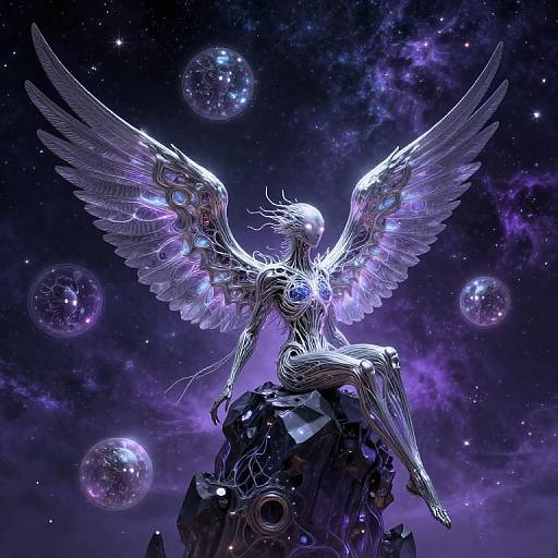 Digital artwork of a luminous, winged, androgynous figure with intricate patterns, sitting on a rock against a cosmic, purple starry