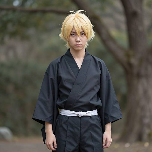 Photograph of an Asian man with blonde, shaggy hair, wearing a black kimono with white belt, standing outdoors in a forest.