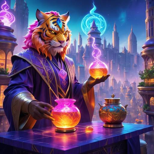 Anthropomorphic Tiger Sorcerer Brewing Potion