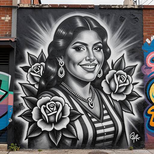 Chicano Art Mural of Smirking Woman with Roses