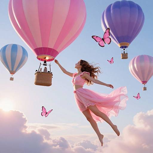Photograph of a woman in a pink dress, floating among colorful hot air balloons and pink butterflies in a bright sky.