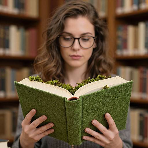 Photograph of a young woman with wavy brown hair and black glasses, reading a moss-covered book in a library.