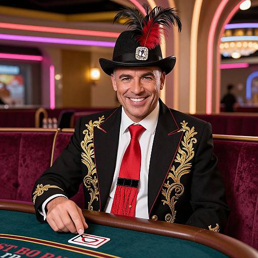 Photograph of a smiling middle-aged man in a black, gold-embroidered tuxedo, red tie, and black hat with a red