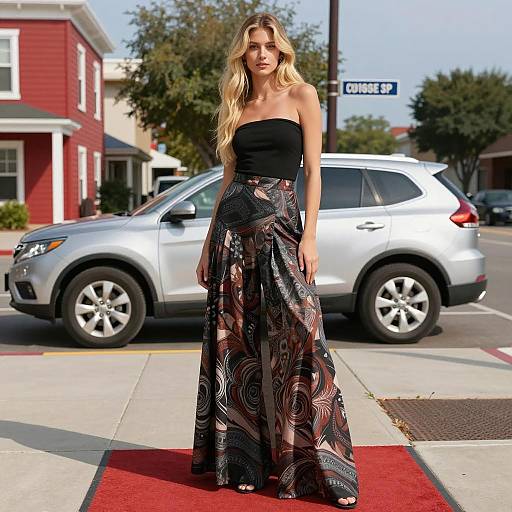 Blonde Woman in Black Strapless Top and Patterned Maxi Skirt