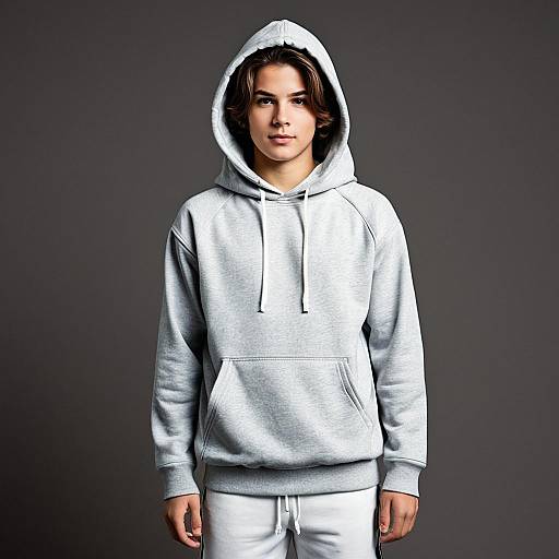 Teen Boy Wearing Grey Hoodie and White Sweatpants